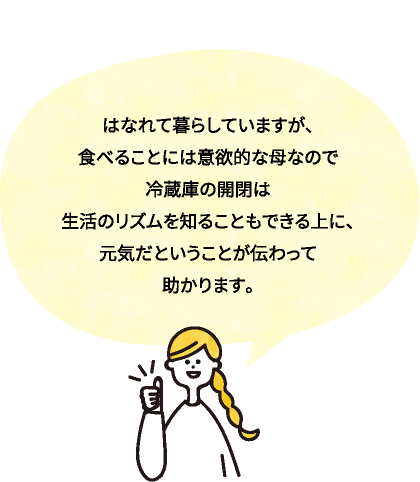 はなれて暮らしていますが、食べることには意欲的な母なので冷蔵庫の開閉は生活のリズムを知ることもできる上に、元気だということが伝わって助かります。